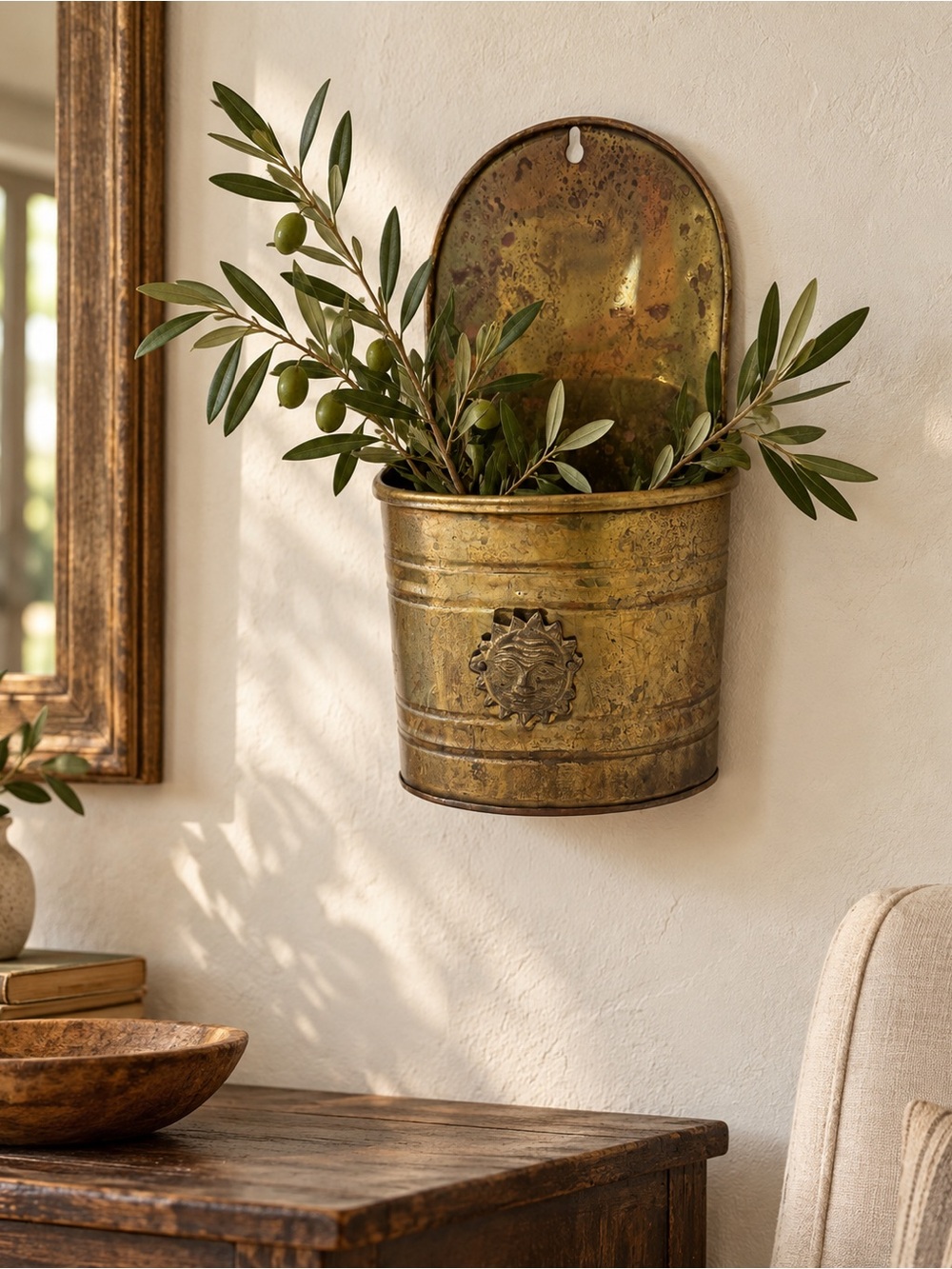 Vintage Brass Wall Pocket Planter with Sun Face